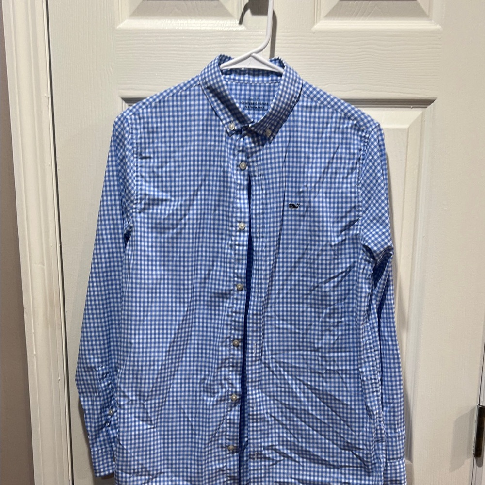 Blue Vineyard Vines Gingham Boys dress shirt like new Large 16